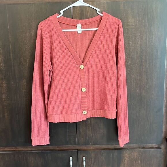 Lazy Sunday Rust Ribbed Cropped Button Top Size Medium - Picture 1 of 5
